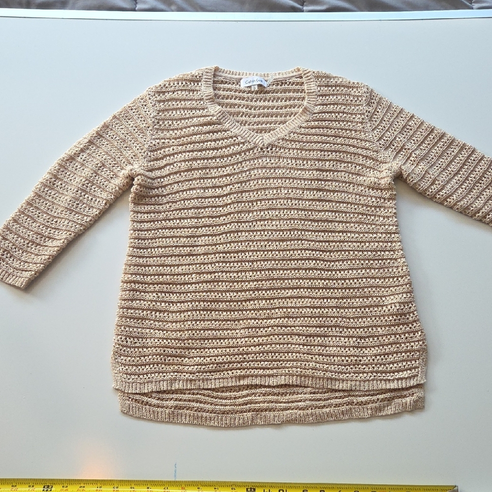 Calvin Klein Tan V-Neck Sweater Open Knit Size S